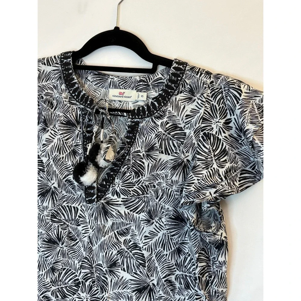 Vineyard Vines Linen Dress XS Embroidered Black White Palm Print Pom Pom Boho